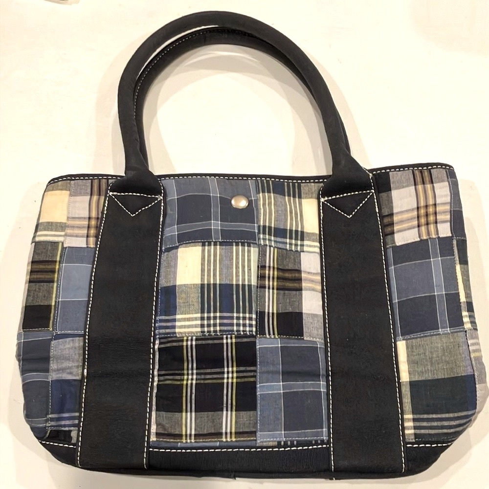 J. Crew Patchwork Plaid Tote in Navy, Black, Cream